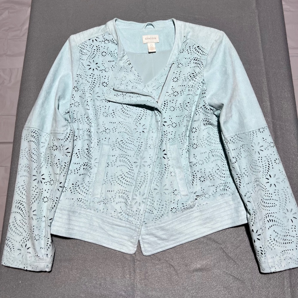 Chico's Light Blue Laser Cut Faux Suede Asymmetrical Zip Jacket Size 0 XS S